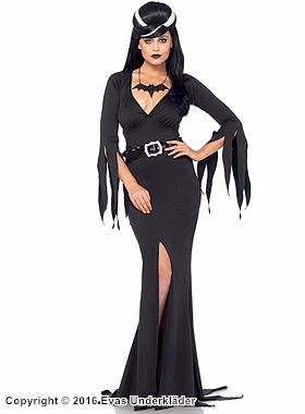 Morticia aus der Addams Family, Kostüm-Kleid, hoher Schlitz, Gürtel, zerfetzte Ärmel